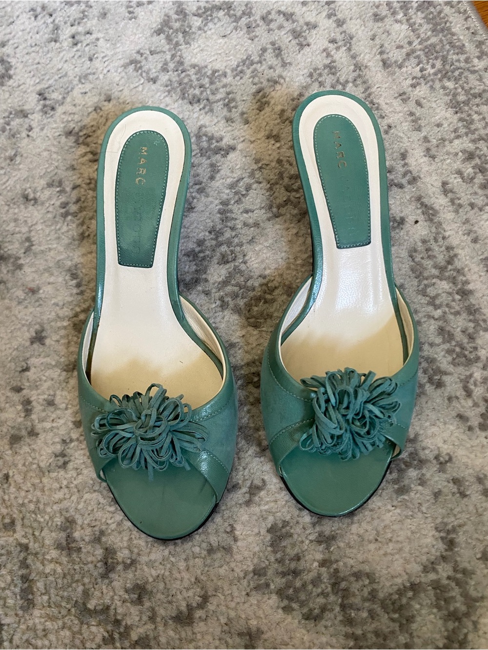 Marc Jacobs Teal Open-Toe Slide Heels with Floral Pom